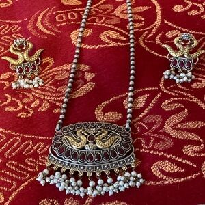 Ornate Gold and Silver Tone Necklace Set with Earrings